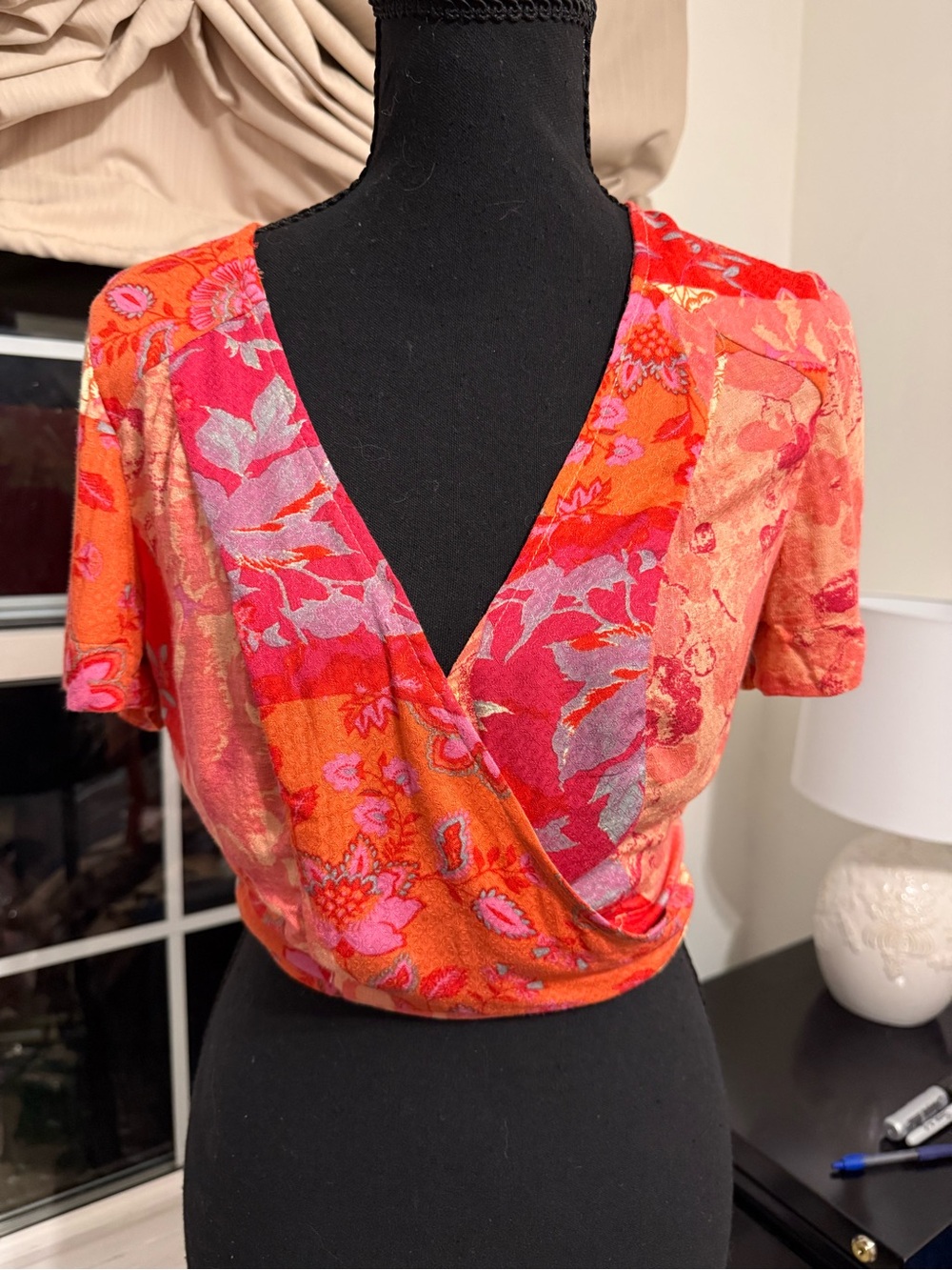 Free People XS Floral Patchwork Wrap Crop Top Boho Short Sleeve